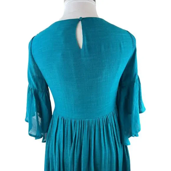NWT Umgee Floral Embroidered Bell Sleeve Mini Dress Blue Boho Festival Medium - Picture 11 of 16